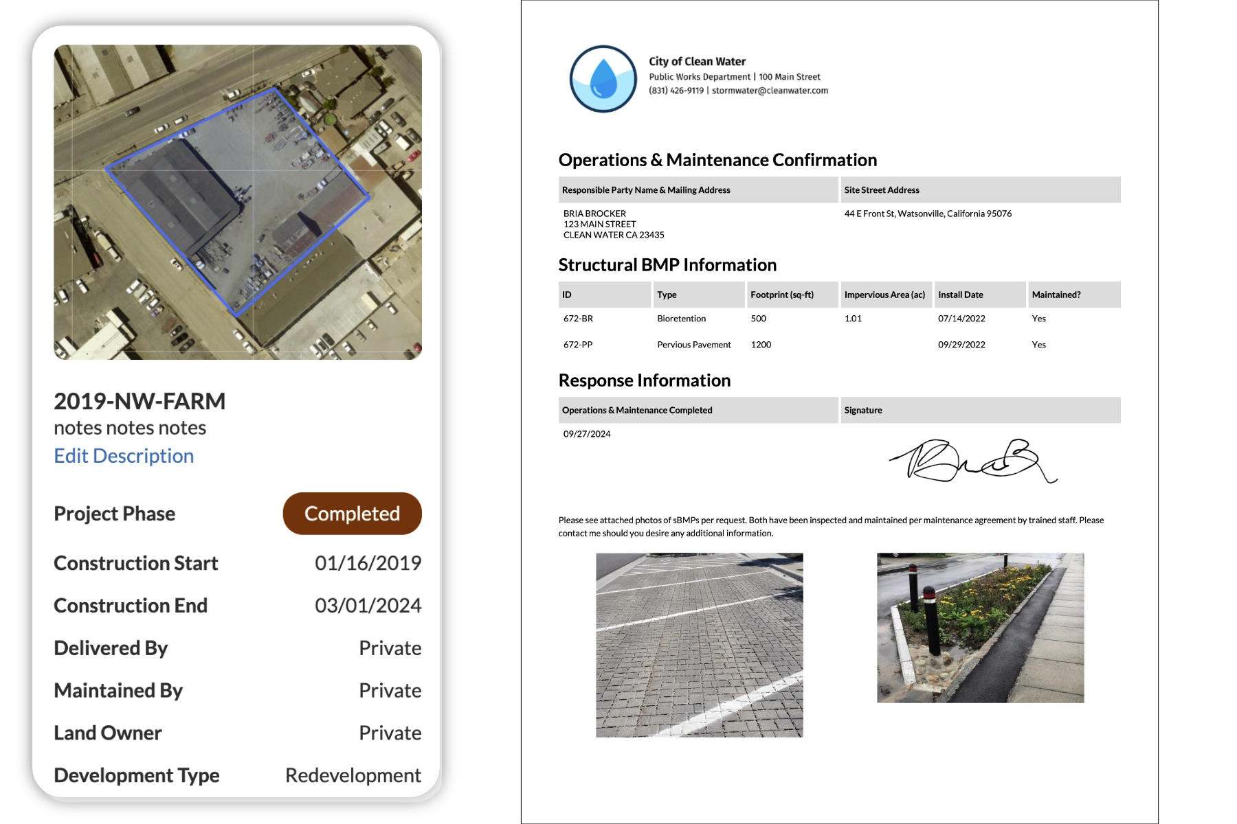 Municipal inspector reviewing post-construction stormwater BMPs, tracking maintenance activities and inspections with 2NFORM.